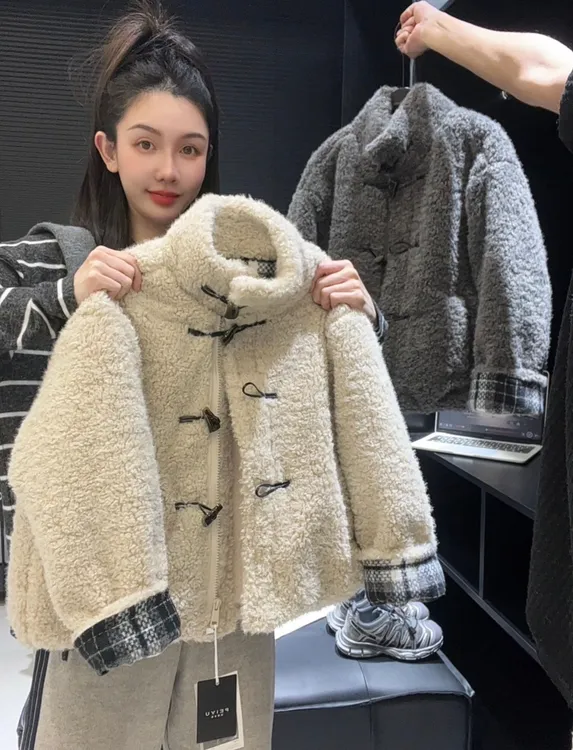 儿童拼接加厚棉服2025冬季新款韩版男女童格子毛毛外套加厚棉衣