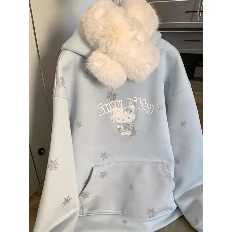 烫银雪花满印刺绣kitty连帽卫衣女秋冬加绒重磅韩系甜美慵懒上衣