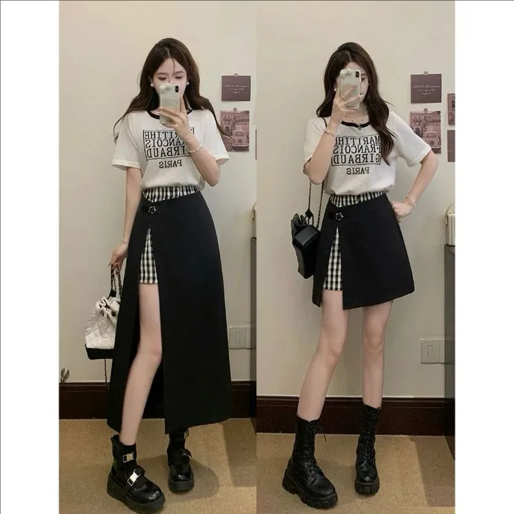 大码【曼谷热浪】薄款针织短袖T恤显瘦假两件裙裤胖MM洋设计感穿搭