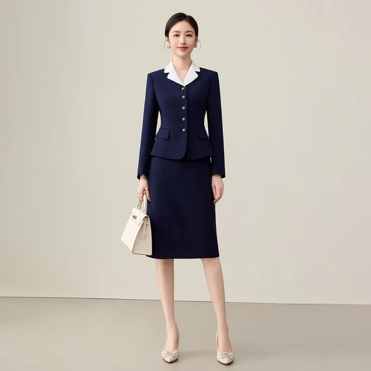 钟老板藏青色西装外套女秋季新款职业装气质通勤西服半身裙两件套