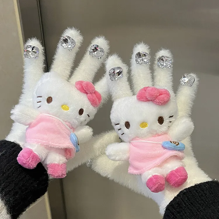 新款hellokitty手套爆闪带钻钻石防寒可爱保暖五指学生少女韩版