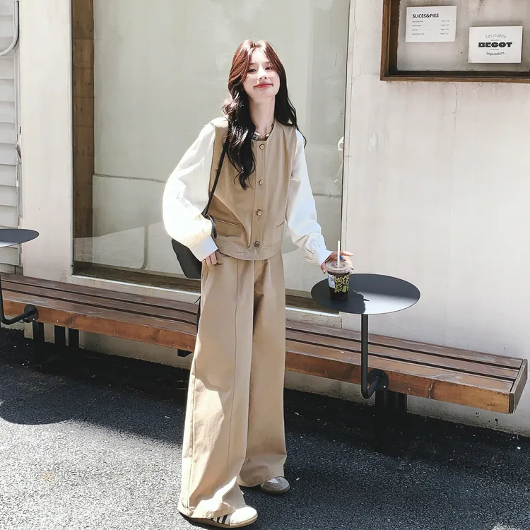 韩系甜美氛围感套装女秋季新款时髦减龄休闲衬衫马甲高腰裤三件套