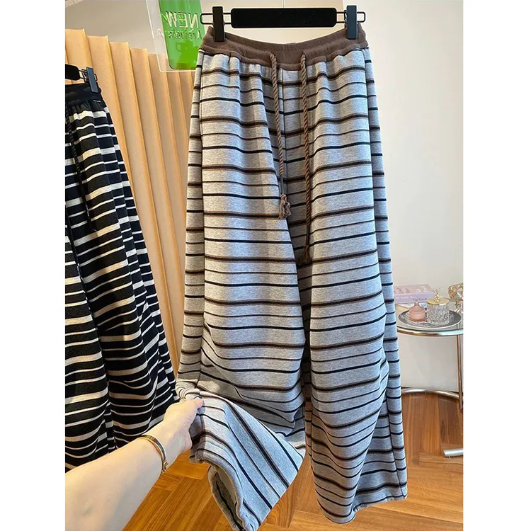 胖妹妹240斤大码早秋美拉德慵懒条纹阔腿卫裤女显瘦百搭休闲长裤
