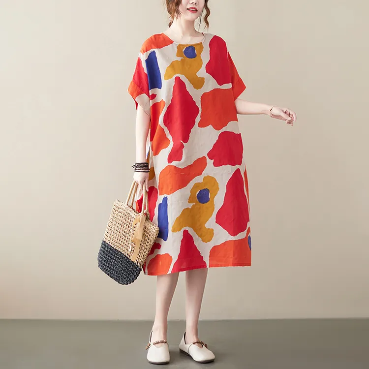 清仓捡漏~文艺复古棉麻女夏季大码宽松胖MM显瘦减龄中长款连衣裙