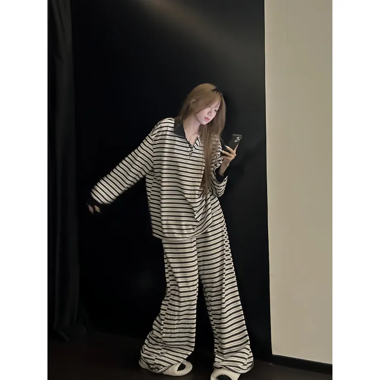 韩版条纹撞色长袖睡衣女款秋季新款宽松显瘦长裤家居服套装可外穿