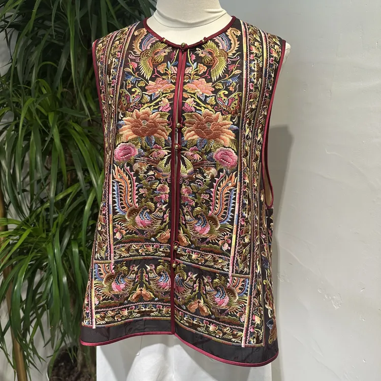 2025新中式桑蚕丝香云纱马夹刺绣薄款复古花色双层两面无袖圆领