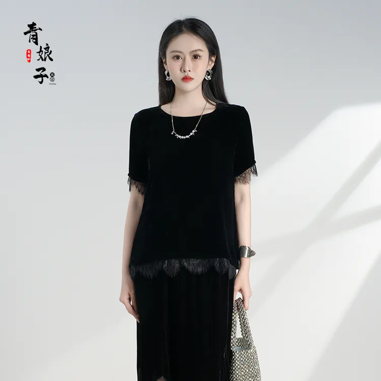 青娘子丝绒（霁雪）时尚夏季拼接镂空气质新中式黑色百搭上衣-60996