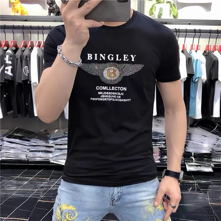 广州高档莱卡圆领欧货烫钻短袖休闲上衣修身夏季时尚潮流半袖T恤