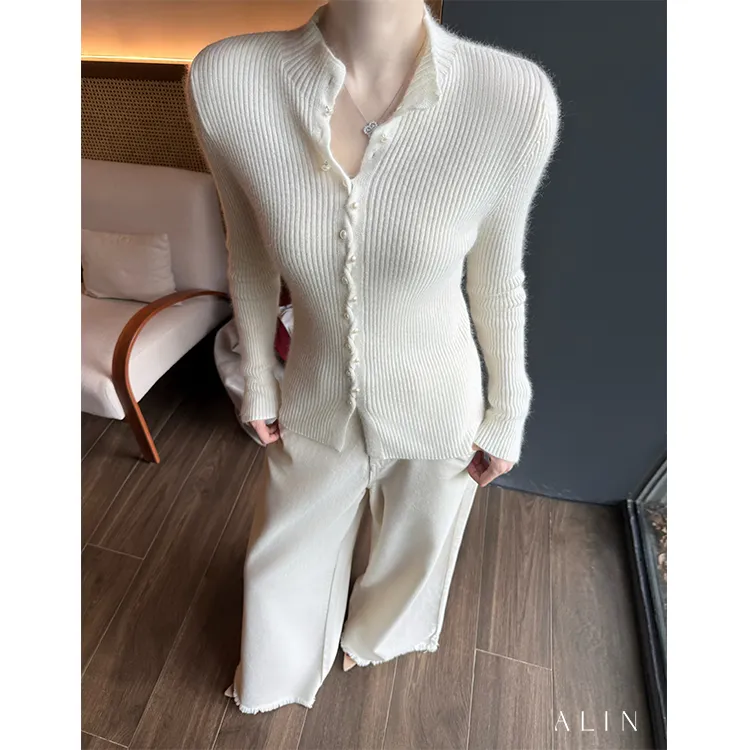 阿琳ALIN【椿棠】秋冬珍珠扣绵羊毛长袖针织衫高领内搭女AL5PZS17