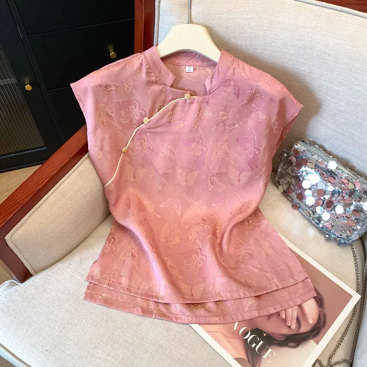 新中式粉色提花立领短袖衬衫女装2025夏季新款高级感气质显瘦衬衣
