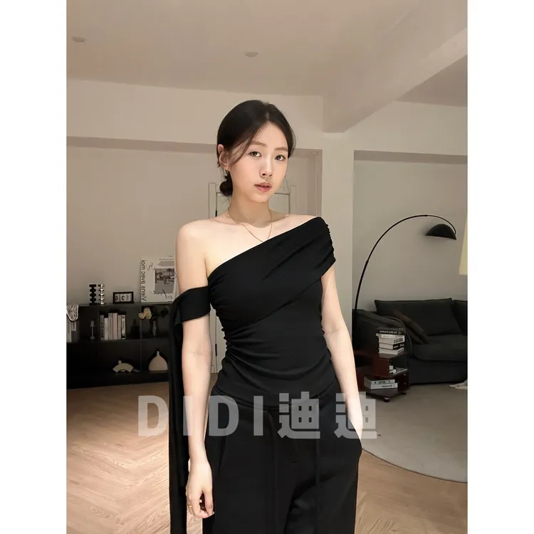 【DIDI】夏季性感辣妹纯欲修身一字领斜肩无袖T恤别致飘带上衣