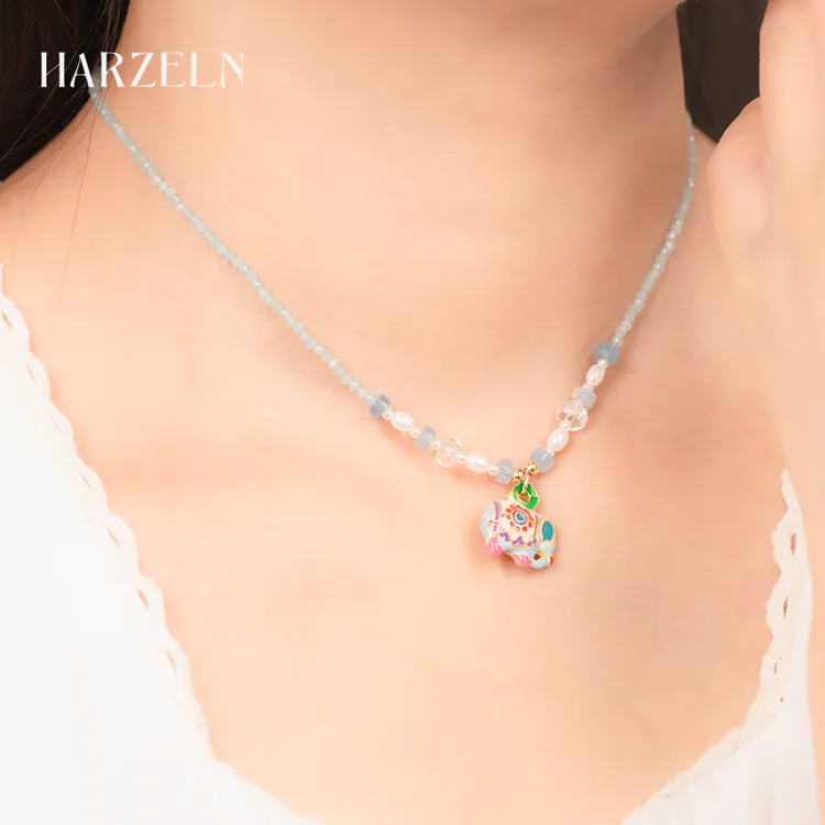 HARZELN度假风彩绘串珠项链女多巴胺大象轻奢小众高级饰品新款