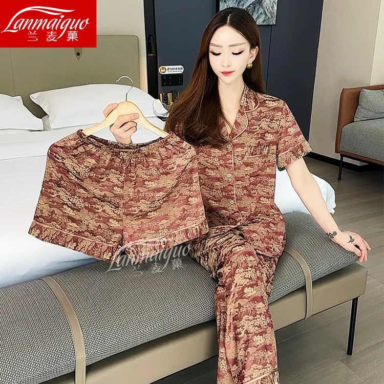 兰麦菓新中式国风睡衣女三件套2025夏季新款短袖薄款高级感家居服
