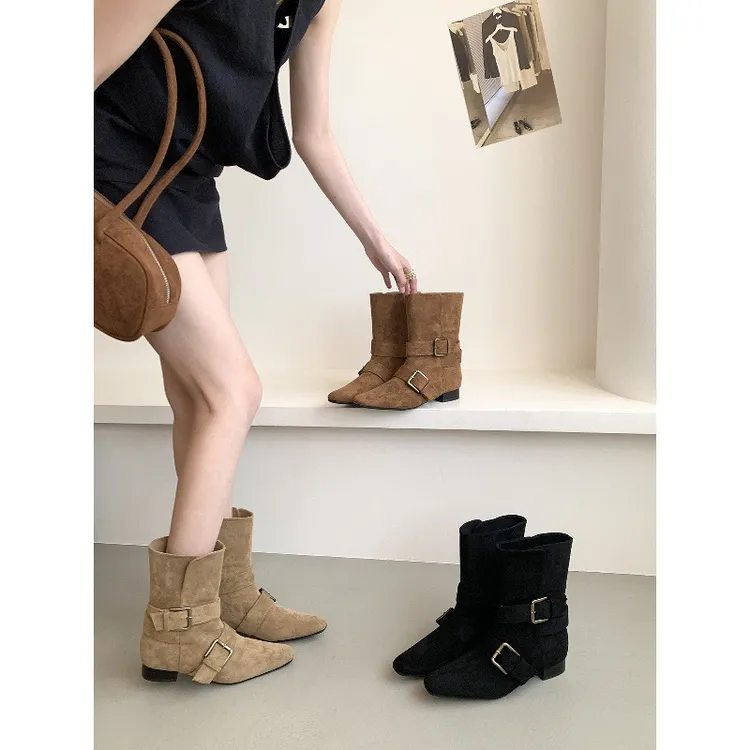 小众设计方头粗跟短靴同款女2025美拉德新款西部靴中筒靴女靴子