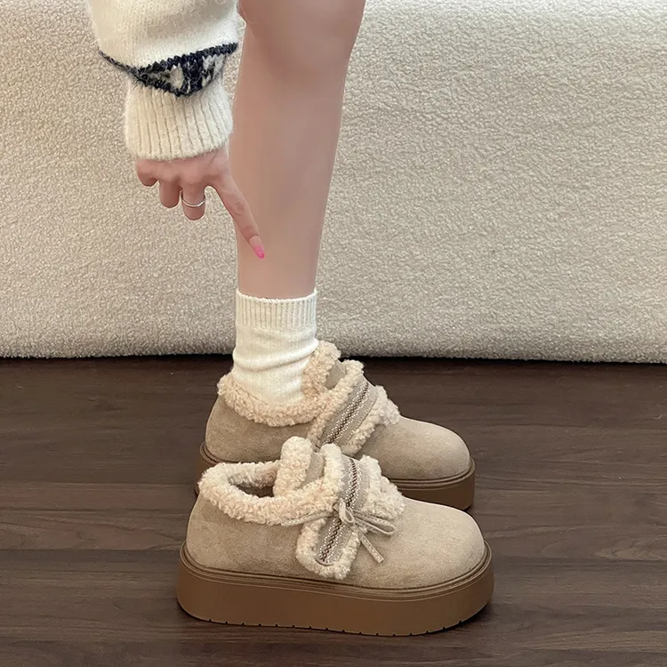 时尚文艺松糕厚底勃肯鞋女复古冬季加绒配裙子保暖魔术贴毛毛棉鞋
