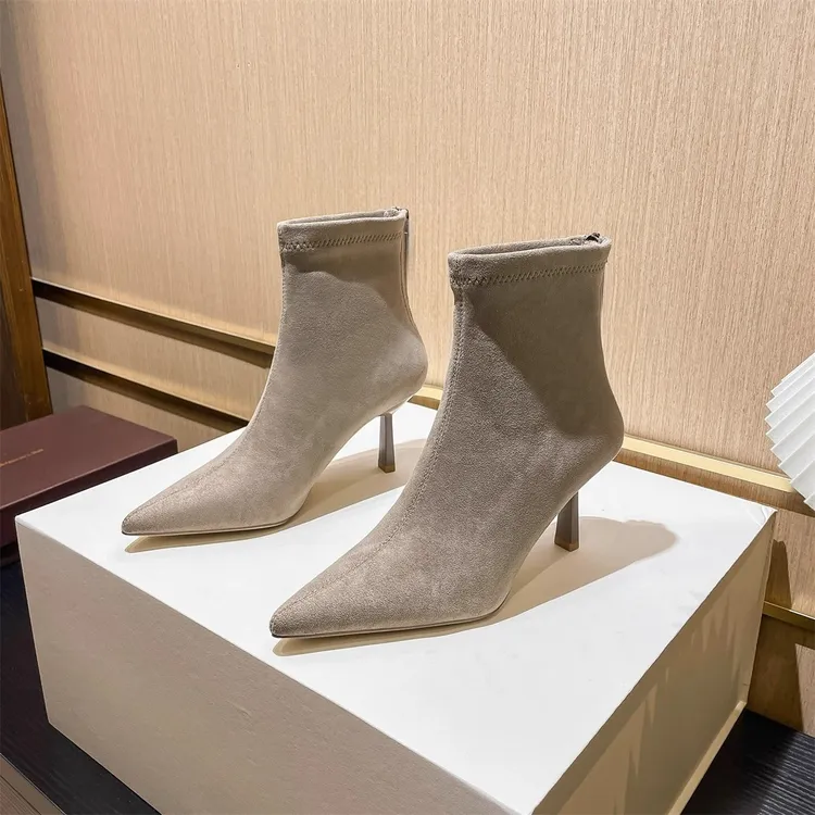 巨显瘦~尖头女人味绒面尖头瘦瘦靴细跟高跟短靴弹力靴后拉链女靴