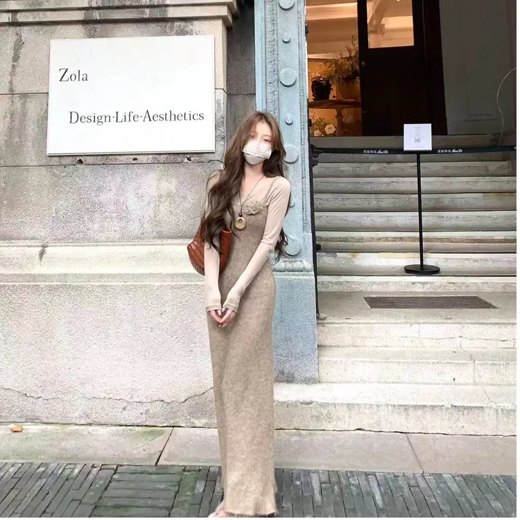 【子莹专属】针织叠穿圆领打底衫上衣+柔糯针织连衣裙自带高级感两件套C 9750#