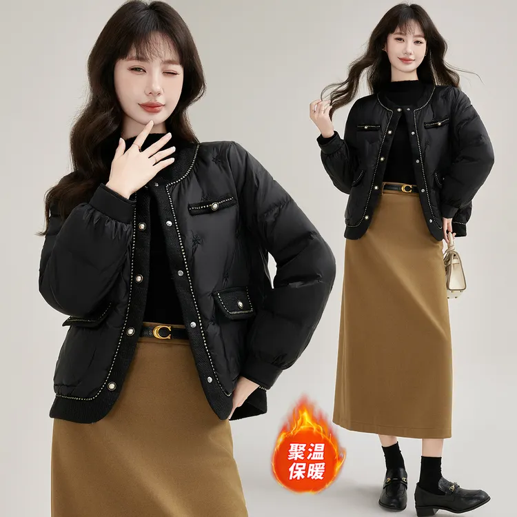 时尚加厚圆领小香风羽绒服女秋冬新温婉大方设计感韩版白鸭绒外套