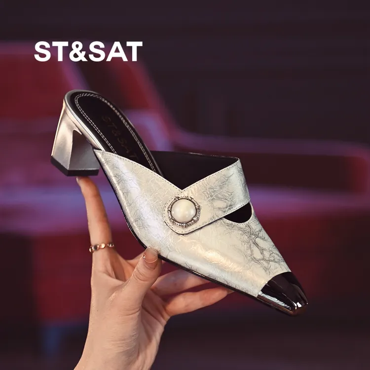 星期六真皮包头半拖鞋女夏爆款外穿粗跟舒适懒人鞋镂空时尚穆勒鞋