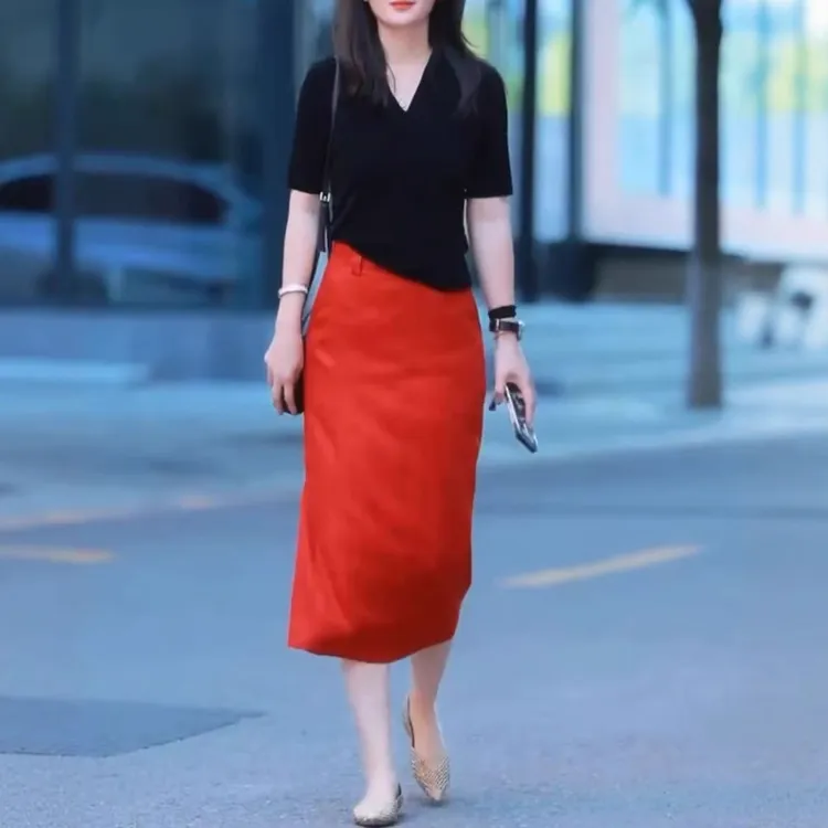 大爱美依缘2025夏季新款轻熟风V领短袖上衣高腰开叉半身裙女