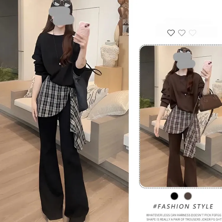 2025秋季新款显瘦韩版格子喇叭裤卫衣显瘦高级慵懒出游服装女