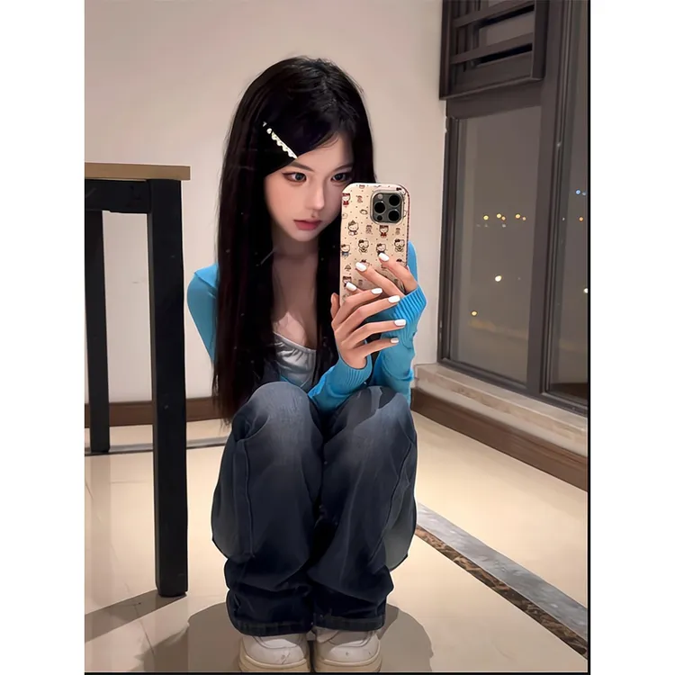 蓝色v领针织开衫长袖气质上衣外套微喇叭牛仔裤修身显瘦马蹄裤女