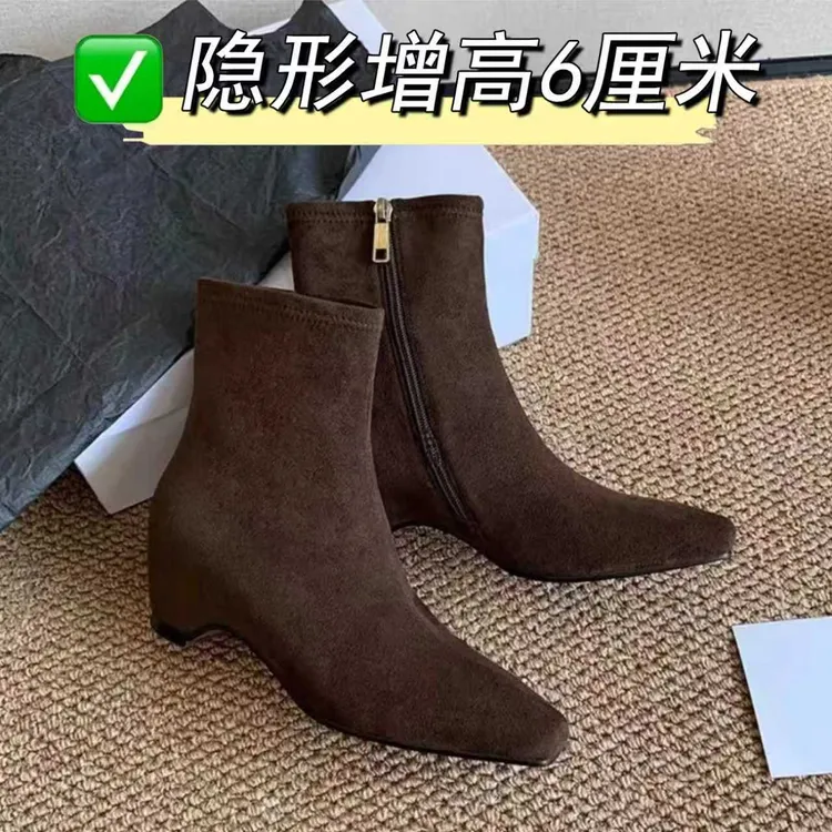小个子隐形内增高6cm法式复古百搭弹力瘦瘦靴女侧拉链短靴裸靴女