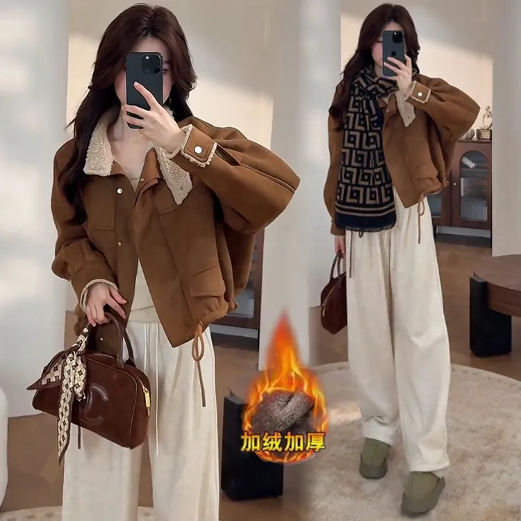 加绒加厚仿麂皮绒短外套女冬季新款显瘦皮毛一体仿羊羔毛保暖夹克