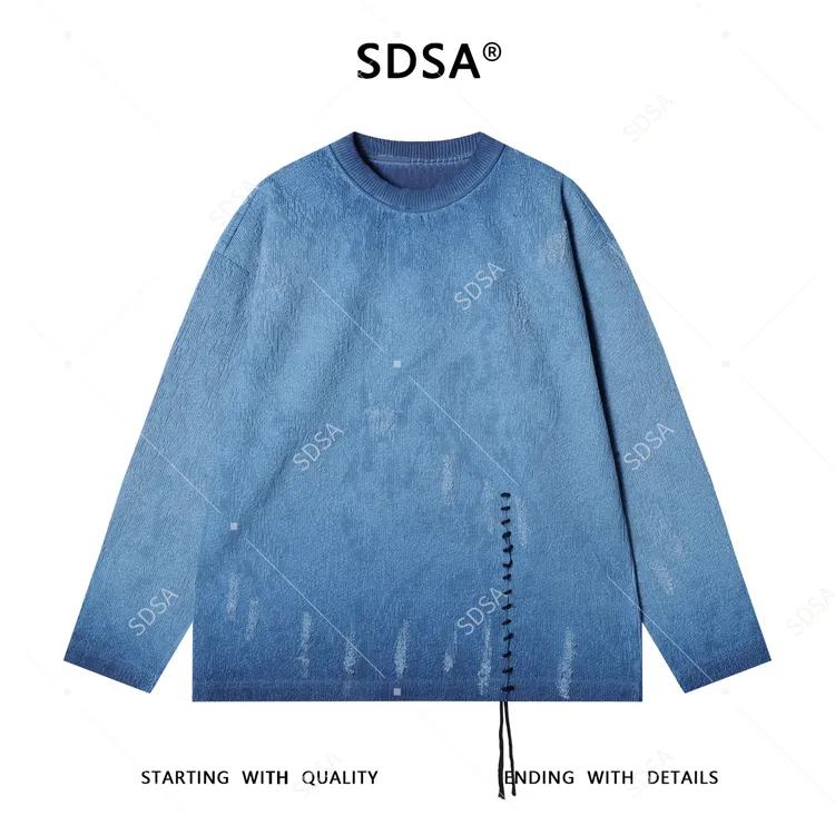 SDSA男士秋冬新款痞帅男装潮牌韩版缝线磨破圆领卫衣轻奢时尚上衣