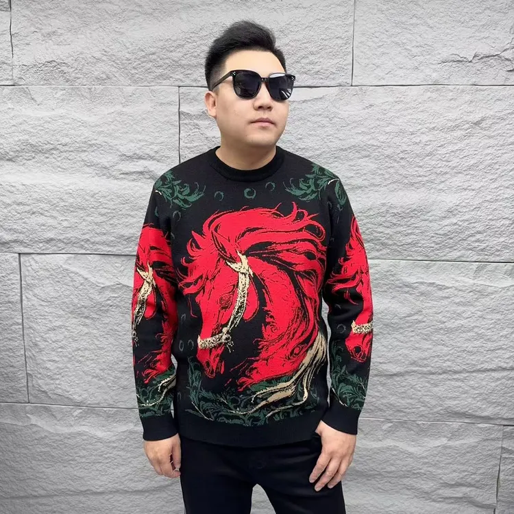 本命年战马提花针织毛衣长袖圆领秋冬打底时尚百搭6005加厚毛衣