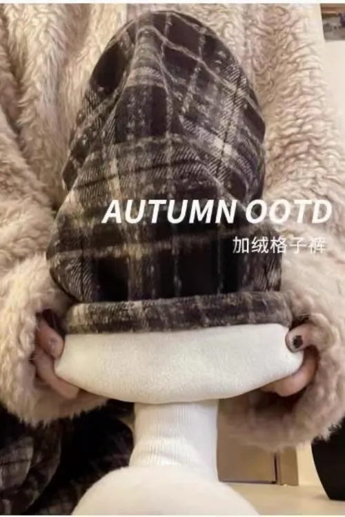 冬季新款中大童气质格子甜美女裤高腰百搭慵懒感加绒加厚学生裤子
