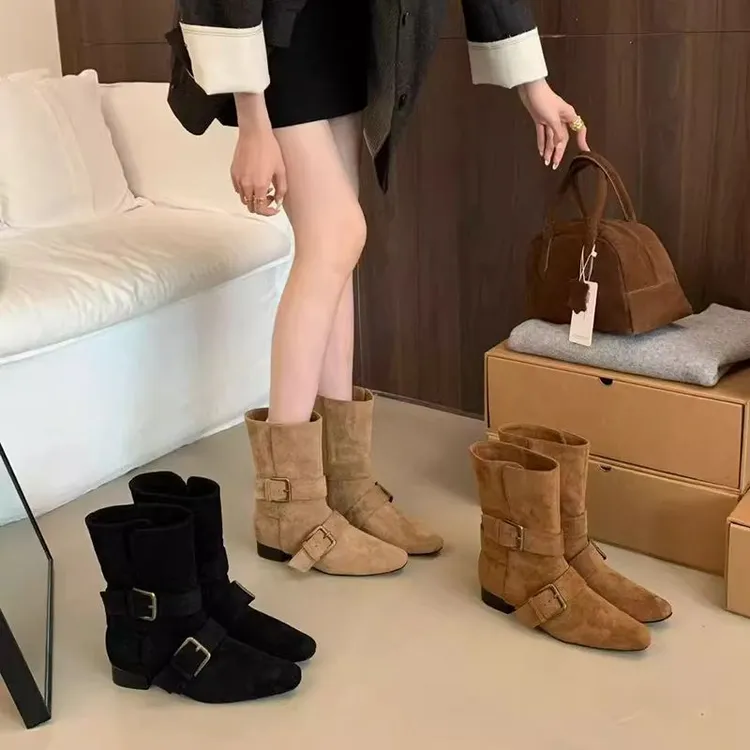 2025秋季新款小众设计复古法式短靴小方头西部靴软皮中筒靴女靴子