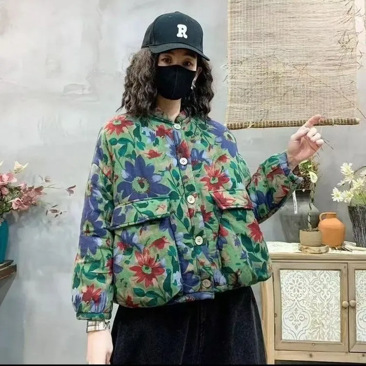 立领碎花时尚复古百搭女短款保暖棉服外套棉衣网红韩版新款满印