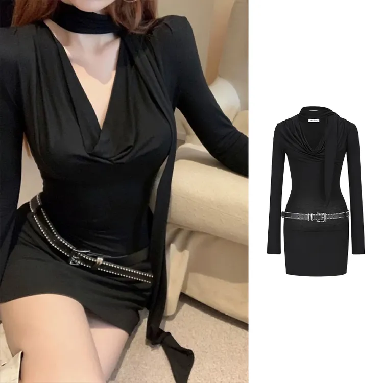 Moses Queen/魔西女王美式辣妹荡领连衣裙夏季御姐风长袖包臀裙子