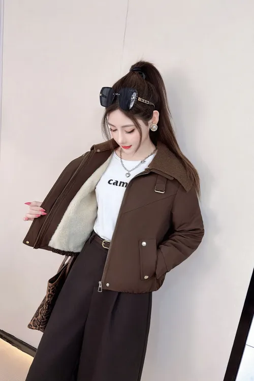 加绒短外套加厚秋冬洋气休闲落肩袖女短款立领拉链冬季翻领拼接