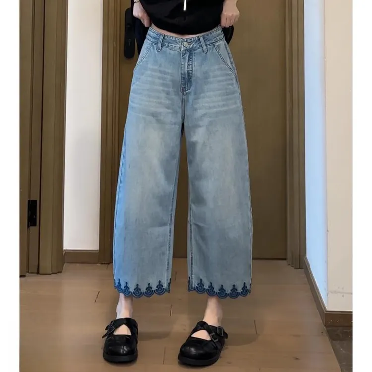 新中式花边刺绣九分高腰牛仔裤女2025夏季薄款复古直筒阔腿八分裤