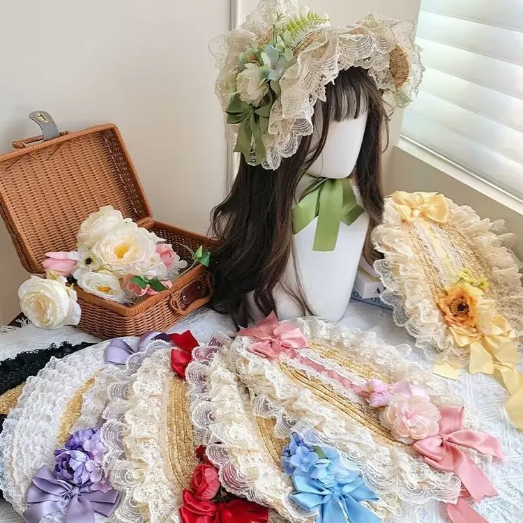 田园多色蕾丝蝴蝶结扁帽草帽lolita发饰大头围草帽可爱头饰