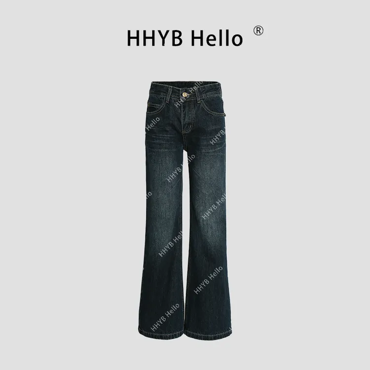 HHYB Hello2025新款复古简约休闲百搭水洗微喇牛仔裤Q254094