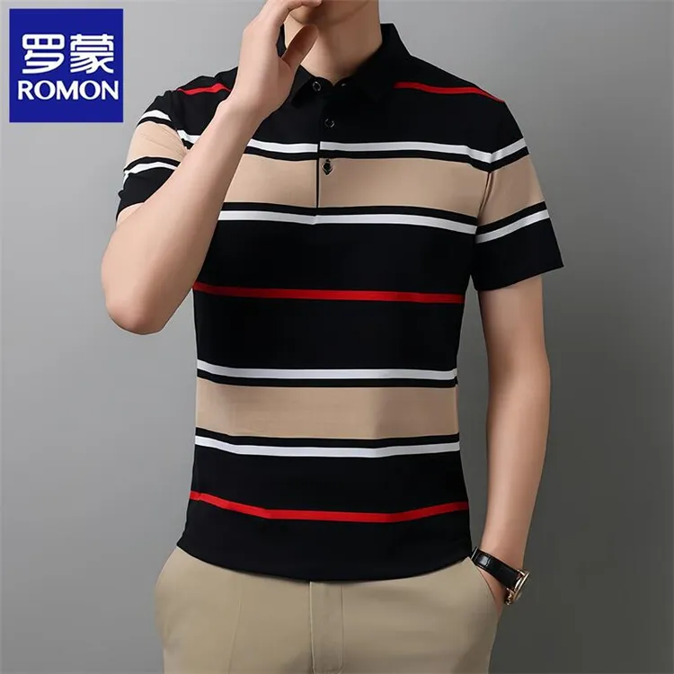 罗蒙新款短袖t恤男士高档条纹POLO衫有领体恤商务休闲高端简约潮T