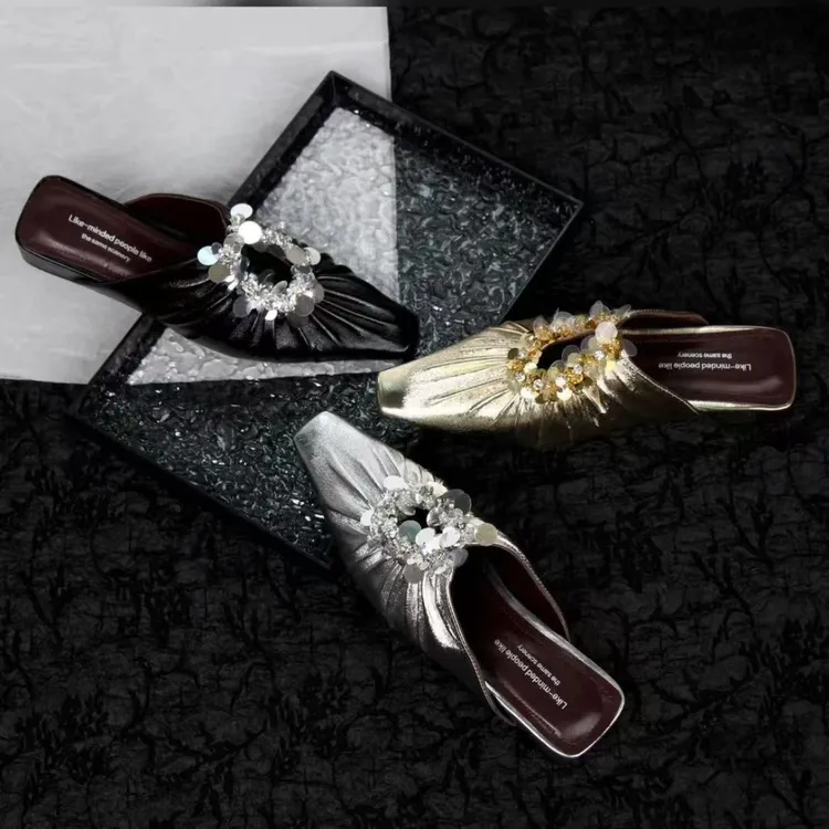 真皮春夏新款闪耀银河方头夏季一脚蹬拖鞋轻奢鞋子半拖时尚凉鞋