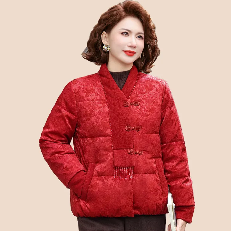 新中式棉服妈妈冬装新款中年女士围巾领红色棉衣盘扣中老年厚实冬