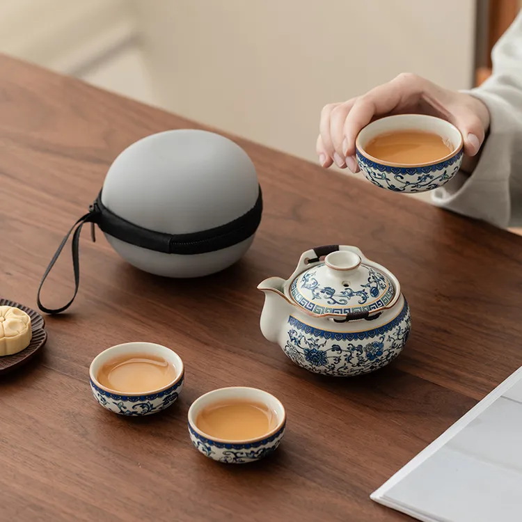 青花汝窑旅行茶具手抓盖碗茶杯防烫家用功夫茶壶户外便携一壶三杯