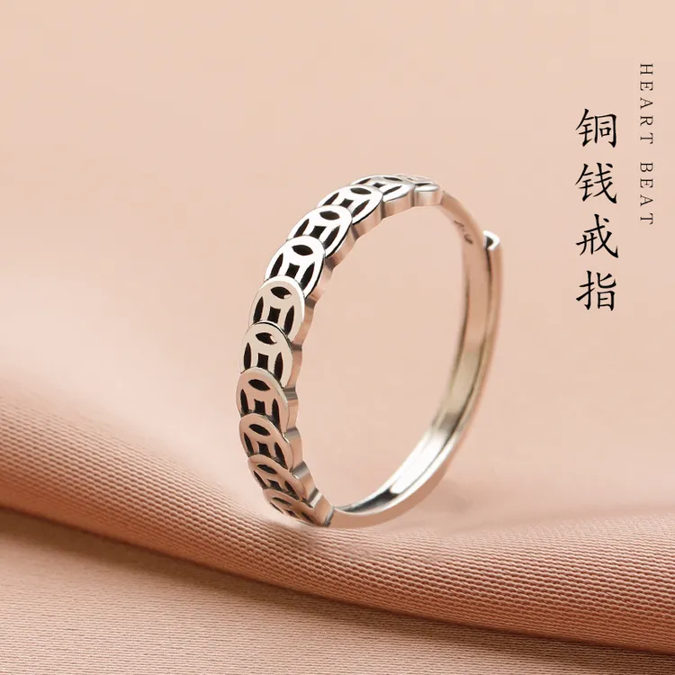 925银戒指 铜钱戒指女2025新款爆款钱多多招财食指戒尾戒情侣对戒