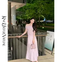 KUN【悠春紫】温婉渲染 紫色不规则晕染显瘦一字肩欧若风衣裙套装
