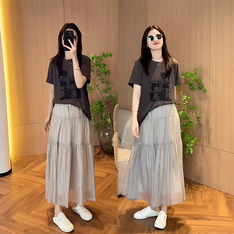 韩系夏日穿搭一整套美式复古印花T恤女微皱肌理感半裙蛋糕裙套装