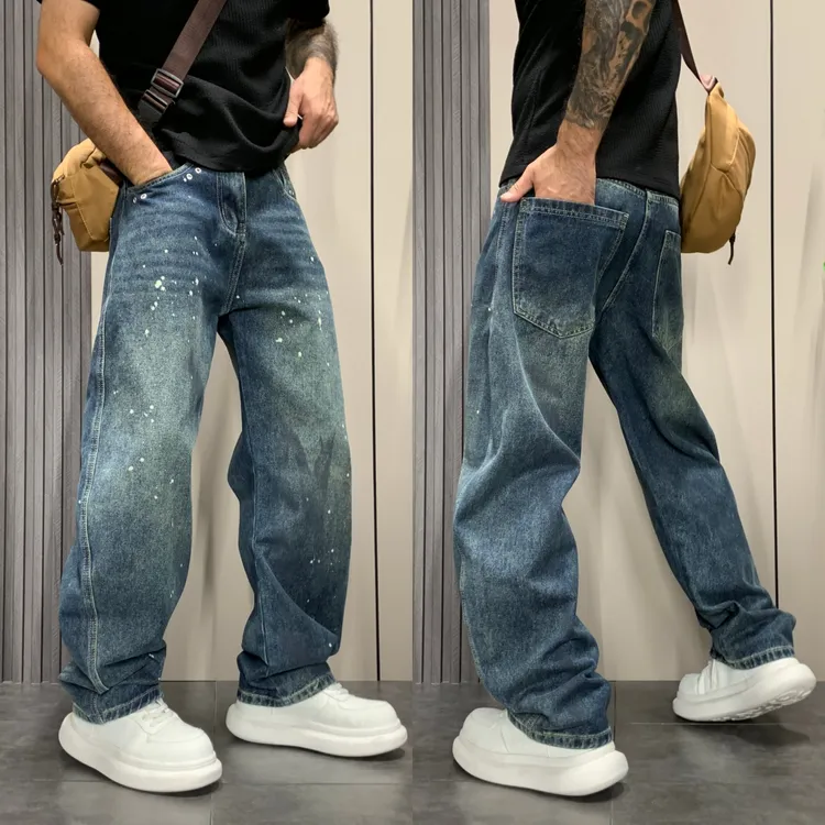美式休闲泼墨宽松直筒水洗牛仔裤潮男2025秋季新款痞帅宽松弯刀裤