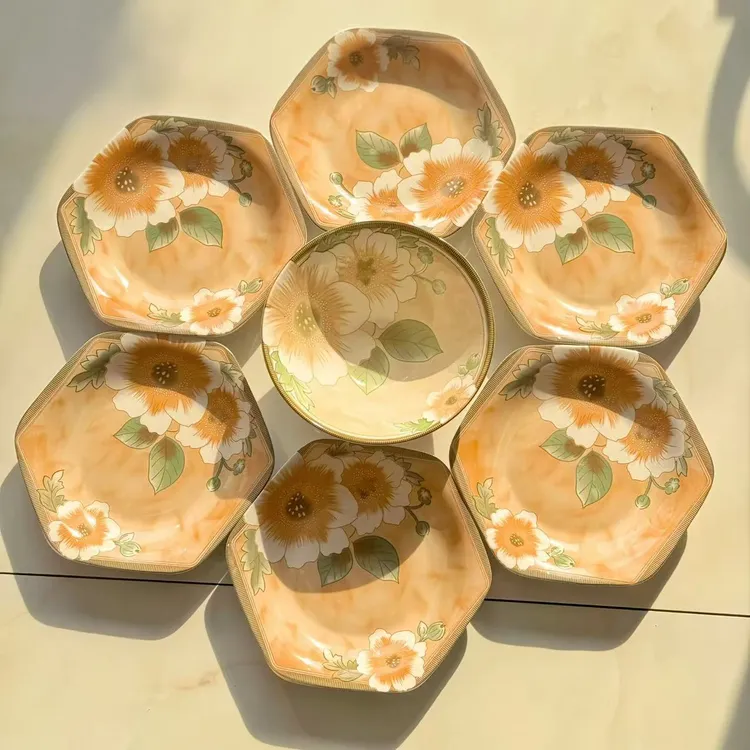 网红复古山茶花六角盘家用陶瓷餐具正品发货手绘釉下彩盘碟盘子