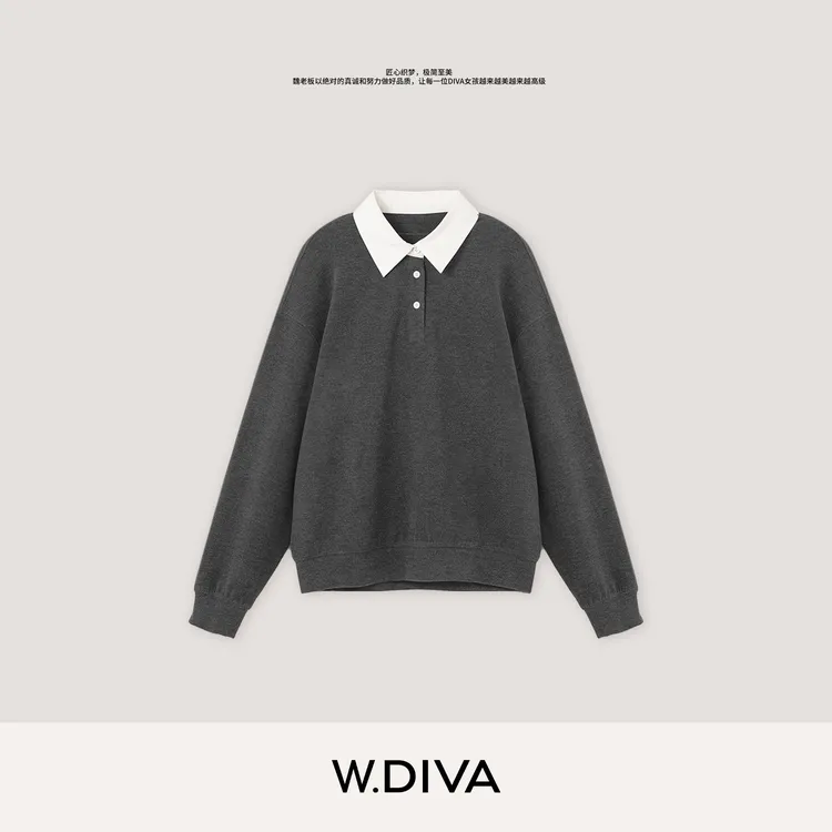 W.Diva【校园】极简学院风松弛感落肩撞色polo领卫衣休闲54T013172
