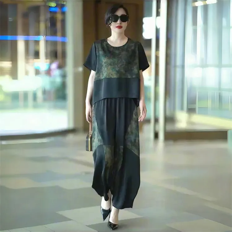 欧洲站高端夏季中年妈妈套装时尚宽松大码遮肚子哈伦裤两件套