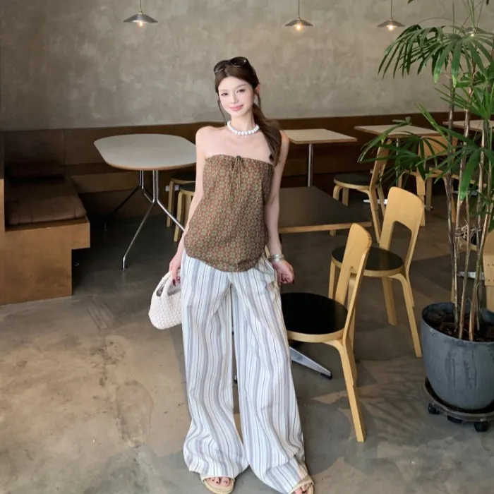 时尚套装辣妹风复古印花背心抹胸女装夏季条纹宽松休闲长裤两件套